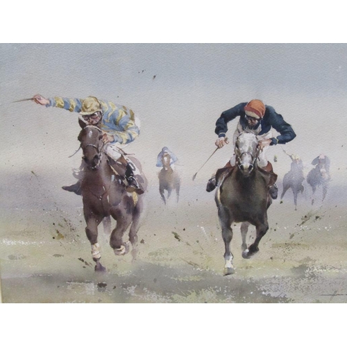 1235 - HARRY SHELDON - DRIVING FINISH, SIGNED WATERCOLOUR, F/G, 32CM X 50CM