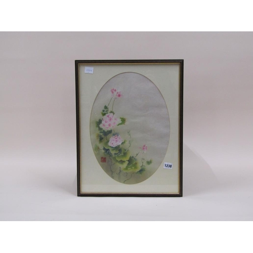 1238 - ORIENTAL FRAMED COLOURED PRINT - GERANIUMS, F/G, 41CM X 29CM