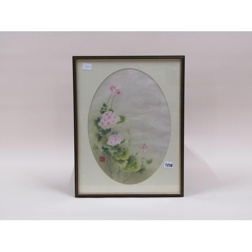 1238 - ORIENTAL FRAMED COLOURED PRINT - GERANIUMS, F/G, 41CM X 29CM