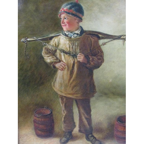 1241 - UNSIGNED 19C - SCOTTISH LAD WITH YOKE AND BUCKETS, OIL ON CANVAS, FRAMED, 40CM X 29CM