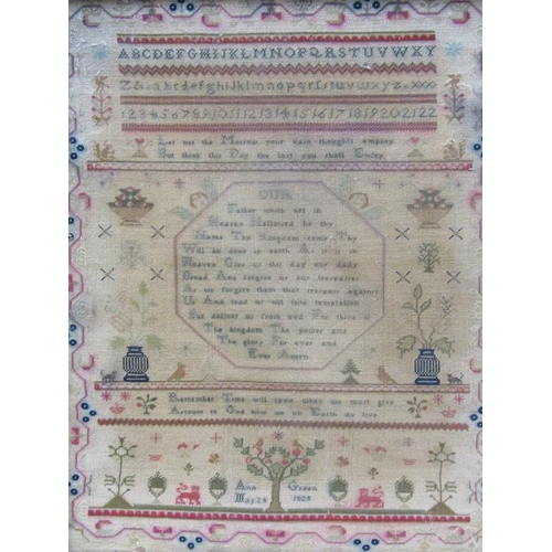 1245 - 19C NEEDLEWORK SAMPLER BY ANNE GREEN 1828, FRAMED, 41CM X 33CM