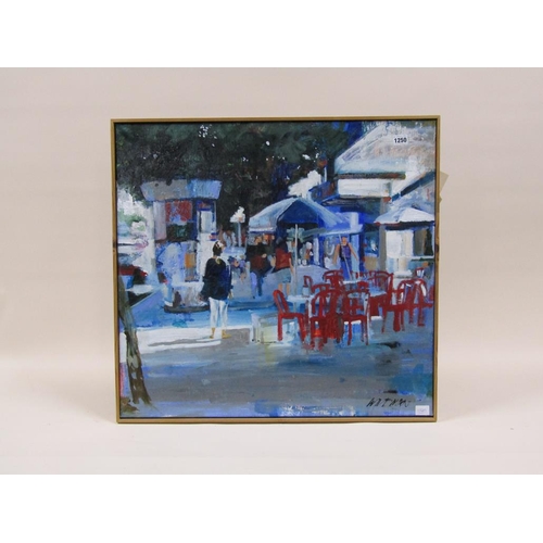 1250 - PHIL WILDMAN - MARKET DAY WITH ROADSIDE CAFE, SIGNED OIL ON CANVAS, FRAMED, 67CM X 71CM