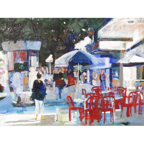 1250 - PHIL WILDMAN - MARKET DAY WITH ROADSIDE CAFE, SIGNED OIL ON CANVAS, FRAMED, 67CM X 71CM