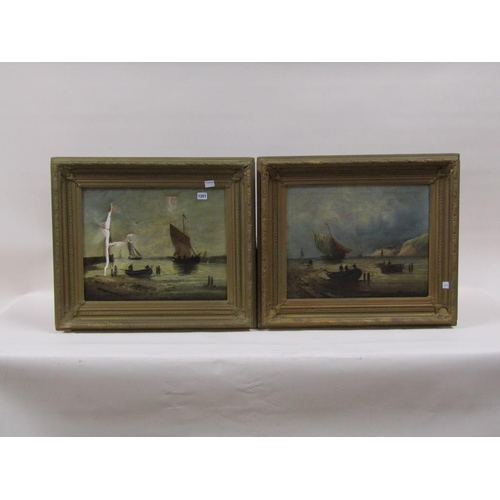 1251 - PAIR - T SMITHY - 19C COASTAL SCENES WITH FIGURES IN BOATS AND SAILING VESSELS, ONE A/F, SIGNED OIL ... 