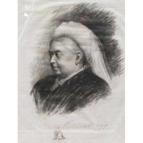 1260 - BLACK ON WHITE PORTRAIT OF QUEEN VICTORIA 1897, F/G, 49CM X 34CM