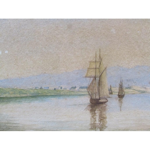 1261 - MONO R.G.G - 19C RIVER ESTUARY WITH SAILING VESSELS, WATERCOLOUR, F/G, 15CM X 28CM