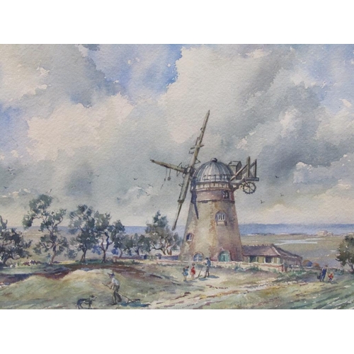 1265 - C DAWSON - WINDMILL IN COASTAL SETTING, SIGNED WATERCOLOUR, F/G, 26CM X 36CM