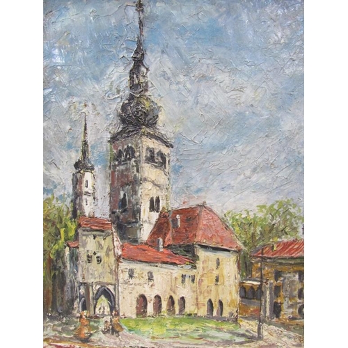 1266 - Z BARVIS (ON REVERSE) - CONTINENTAL CHURCH, OIL ON BOARD, FRAMED, 52CM X 36CM