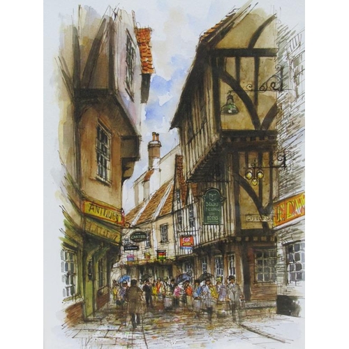 1268 - ALEX JAWDOKIMOV, FRAMED WATERCOLOUR - THE SHAMBLES YORK, F/G, 38CM X 28CM