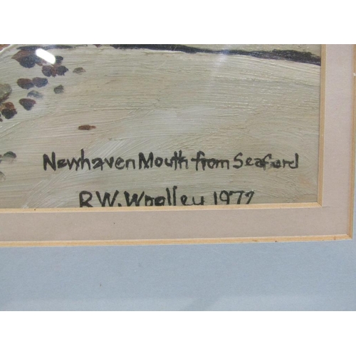 1269 - R.W WOOLLEY 1979 - NEW HAVEN MOUTH FROM SEAFORD, SIGNED AND TITLED OIL, F/G, 38CM X 72CM