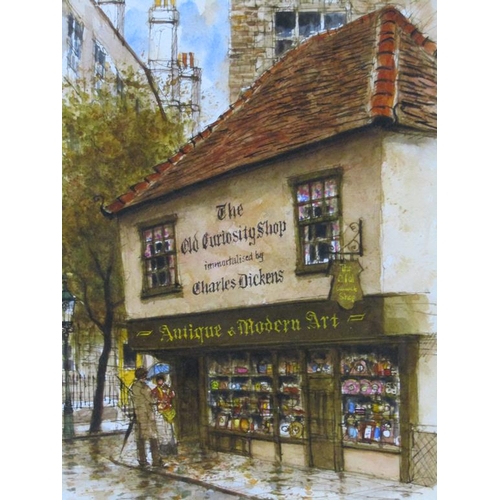 1271 - ALEX JAWDOKIMOV - TWO WATERCOLOURS - THE OLD CURIOSITY SHOP HOLBORN, WATERCOLOUR, F/G, 44CM X 22CM& ... 