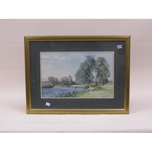 1274 - DAVID GREEN - BEND IN THE RIVER, SIGNED WATERCOLOUR, F/G, 33CM X 53CM