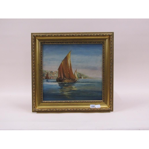 1280 - UNSIGNED OIL ON BOARD - SAILING VESSEL IN COASTAL SETTING, FRAMED, 37CM X 38CM