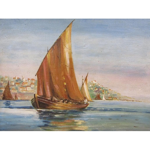 1280 - UNSIGNED OIL ON BOARD - SAILING VESSEL IN COASTAL SETTING, FRAMED, 37CM X 38CM