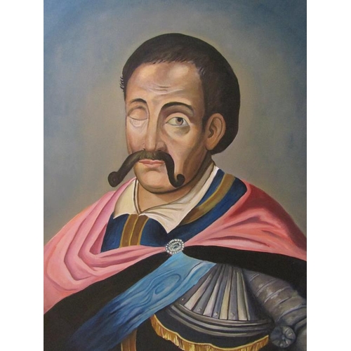 1283 - LARGE OIL ON CANVAS - MEDIEVAL GENTLEMAN, OIL ON CANVAS, FRAMED, 183CM X 134CM