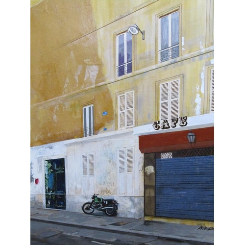 1287 - PHIL WILDMAN - MOTORBIKE AND CAFE, SIGNED OIL ON CANVAS, FRAMED, 128CM X 102CM