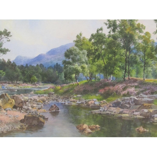 1298 - B.J. OTTEWELL 1948 - ROCKY RIVER BED IN VALLEY SETTING, SIGNED WATERCOLOUR, F/G, 36CM X 54CM