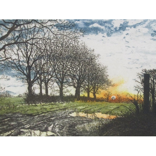 1309 - M MATTINGLEY - BRUERN EVENING, COLOURED PRINT, 23CM X 30CM; TWO OTHERS