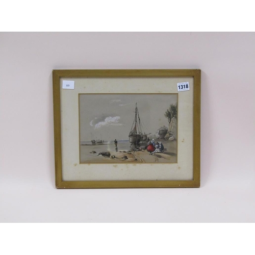 1318 - UNSIGNED LATE 19C - CONTINENTAL COASTAL SCENE WITH BOATS AND FISHERFOLK, F/G, 19CM X 26CM