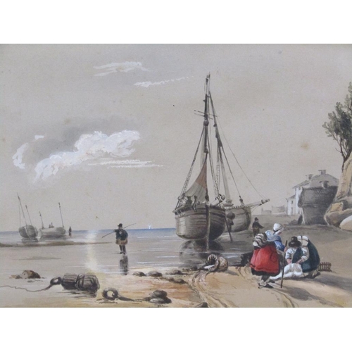 1318 - UNSIGNED LATE 19C - CONTINENTAL COASTAL SCENE WITH BOATS AND FISHERFOLK, F/G, 19CM X 26CM