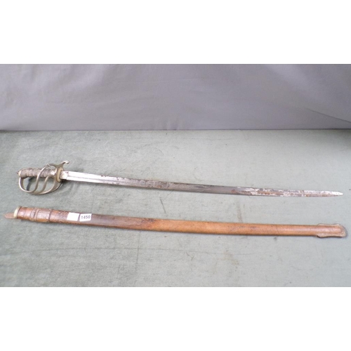 1450 - 19c OFFICERS SWORD WITH STEEL GUARD, WIRE WHIPPED HANDLE, LEATHER SHEATH - 106cms L OVERALL