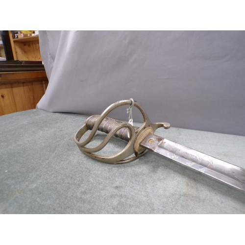 1450 - 19c OFFICERS SWORD WITH STEEL GUARD, WIRE WHIPPED HANDLE, LEATHER SHEATH - 106cms L OVERALL