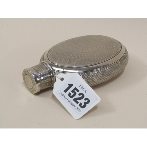 1523 - VICTORIAN SILVER ENGINE TURNED HIP FLASK WITH STIRRUP CUP SCREW LID, MAKERS MARK FOR THOMAS JOHNSON ... 