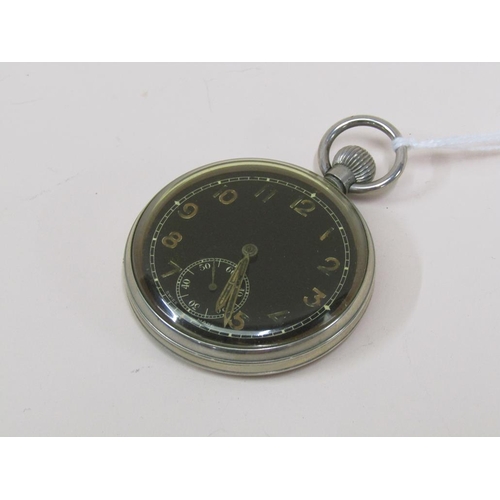 1525 - MILITARY STAINLESS STEEL CASED POCKET WATCH WITH BLACK DIAL, NUMBERED B60017 TO REVERSE