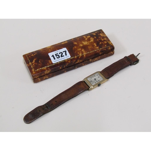 1527 - 1930s GENTS 9ct GOLD WATCH STAMPED G.A.S. TO CASE ON A BROWN LEATHER STRAP WITH ORIGINAL GUARANTEE