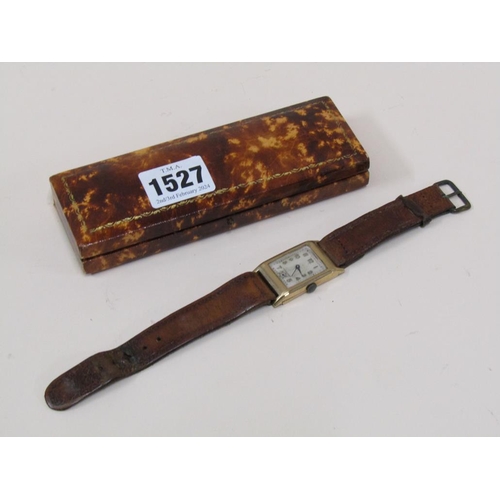 1527 - 1930s GENTS 9ct GOLD WATCH STAMPED G.A.S. TO CASE ON A BROWN LEATHER STRAP WITH ORIGINAL GUARANTEE