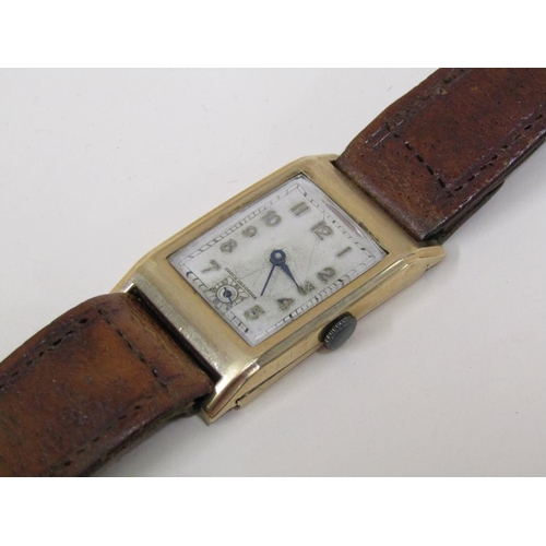 1527 - 1930s GENTS 9ct GOLD WATCH STAMPED G.A.S. TO CASE ON A BROWN LEATHER STRAP WITH ORIGINAL GUARANTEE