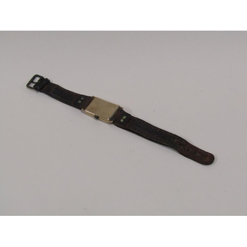 1527 - 1930s GENTS 9ct GOLD WATCH STAMPED G.A.S. TO CASE ON A BROWN LEATHER STRAP WITH ORIGINAL GUARANTEE