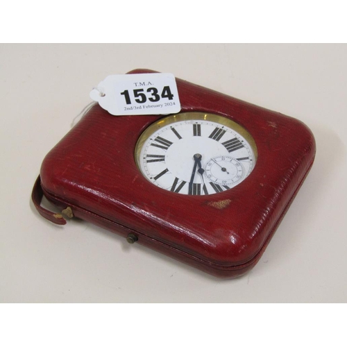 1534 - GIANT TRAVEL POCKET WATCH IN STAINLESS STEEL CASE AND RED LEATHER TRAVEL BOX