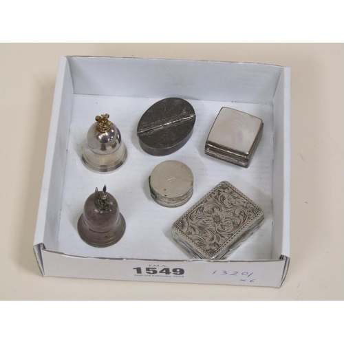 1549 - SIX SILVER BOXES TO INC. IMP TOP PILL BOX AND SIMILAR WITH A CROWN