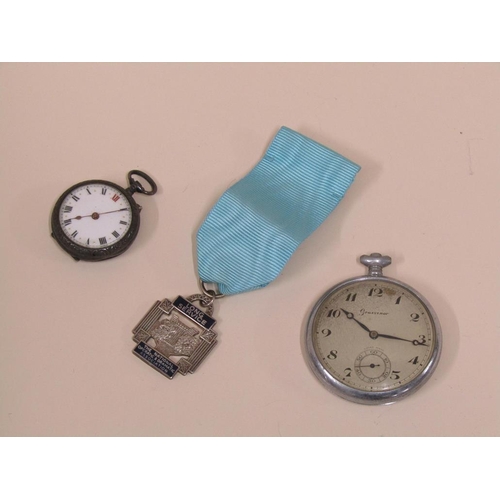 1552 - GROSVENOR STAINLESS STEEL POCKET WATCH, SILVER CASED FOB WATCH AND A SILVER LONG SERVICE MEDAL FOR T... 