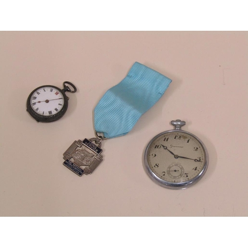 1552 - GROSVENOR STAINLESS STEEL POCKET WATCH, SILVER CASED FOB WATCH AND A SILVER LONG SERVICE MEDAL FOR T... 