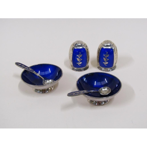 1567 - PAIR OF DANISH SILVER AND ENAMEL PEPPER POTS; PAIR OF PLATED AND ENAMEL SALTS