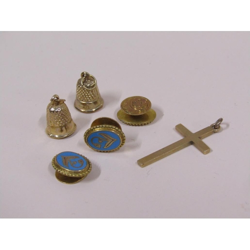 1613 - THREE GOLD BUTTONS, TWO 9ct GOLD CHARM BELLS AND A 9ct GOLD CRUCIFIX, 5.3g TOTAL