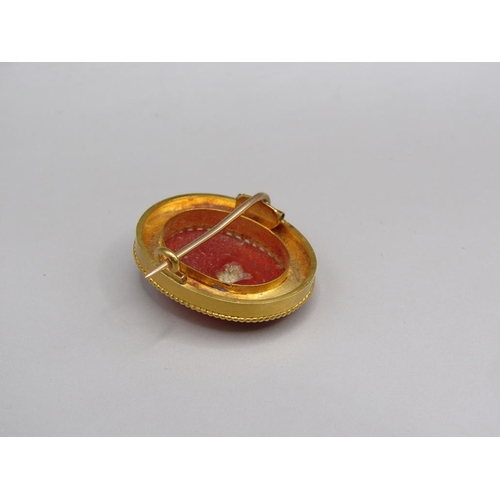 1614 - GOLD MOUNTED CORAL CAMEO BROOCH IN FITTED WHITE LEATHER BOX