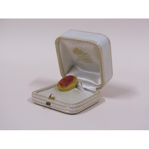 1614 - GOLD MOUNTED CORAL CAMEO BROOCH IN FITTED WHITE LEATHER BOX