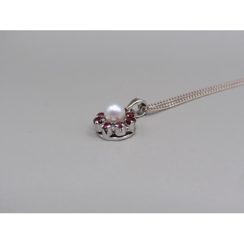 1654 - SILVER RUBY AND PEARL NECKLACE