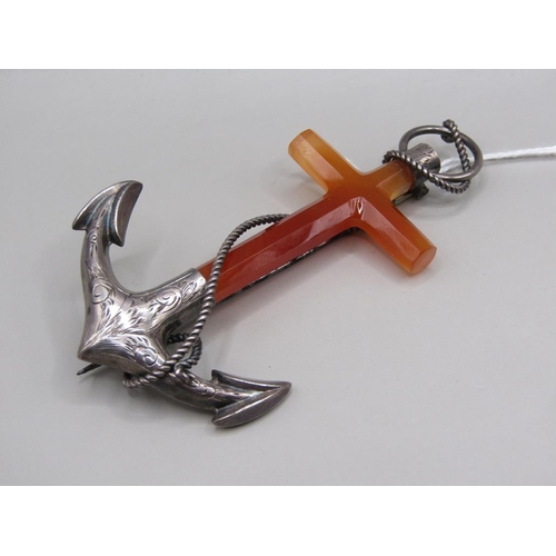 1669 - VICTORIAN SILVER AGATE ANCHOR BROOCH