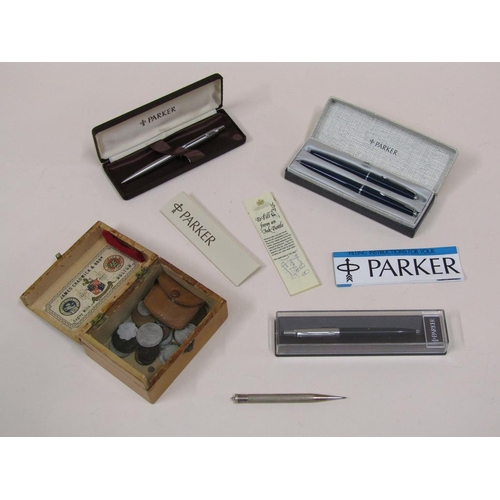 1689 - BOX OF PARKER AND OTHER PENS AND A SMALL BOX OF COINS