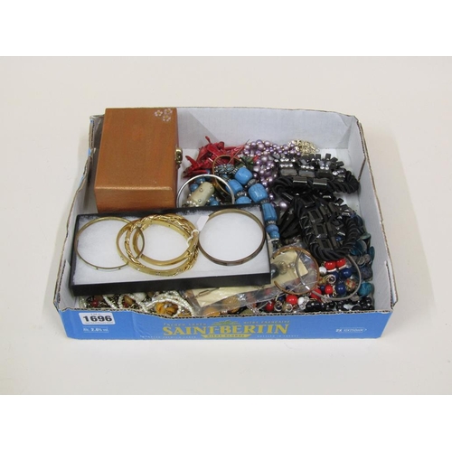 1696 - BOX OF MIXED COSTUME JEWELLERY, NECKLACES, BANGLES ETC.