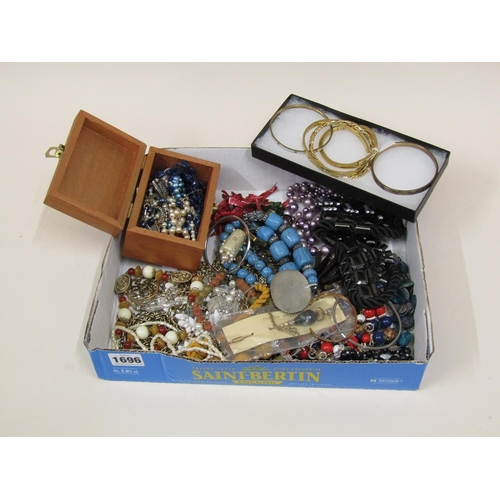 1696 - BOX OF MIXED COSTUME JEWELLERY, NECKLACES, BANGLES ETC.