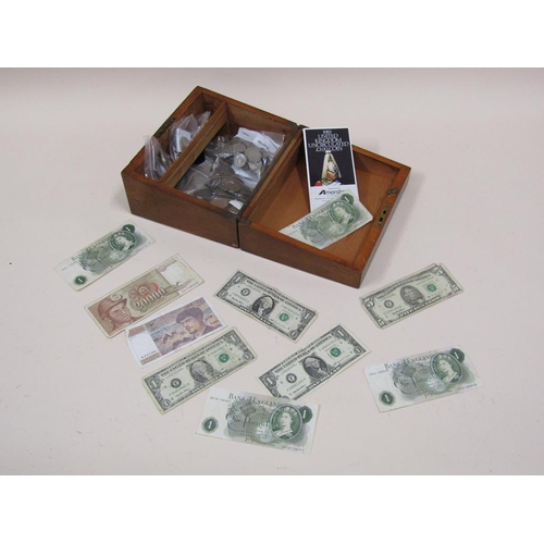 1699 - VICTORIAN WRITING BOX CONTAINING MIXED COINS AND BANKNOTES