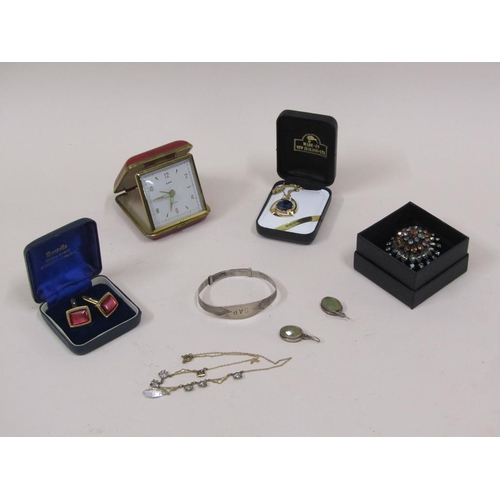 1705 - SMALL BOX OF COSTUME JEWELLERY TO INC. SILVER BANGLE AND SILVER STONE SET EARRINGS.