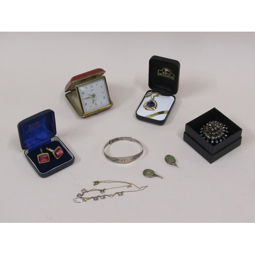 1705 - SMALL BOX OF COSTUME JEWELLERY TO INC. SILVER BANGLE AND SILVER STONE SET EARRINGS.