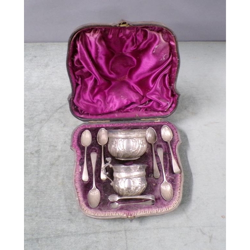 1716 - BOXED CREAM, SUGAR, SPOON, TONG SET - MAKERS MARK FOR WAKELY AND WHEELER, LONDON 1888 5.2ozt