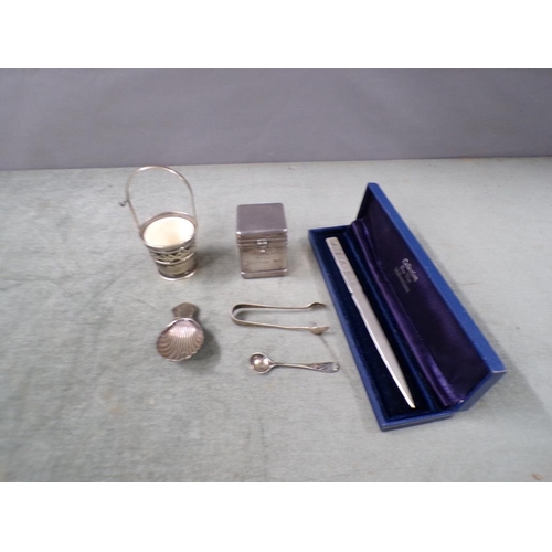 1734 - BOX OF MIXED SILVER AND PLATE TO INC. SILVER MILLENNIUM LETTER OPENER, GUN METAL BOX AND COVER, SILV... 